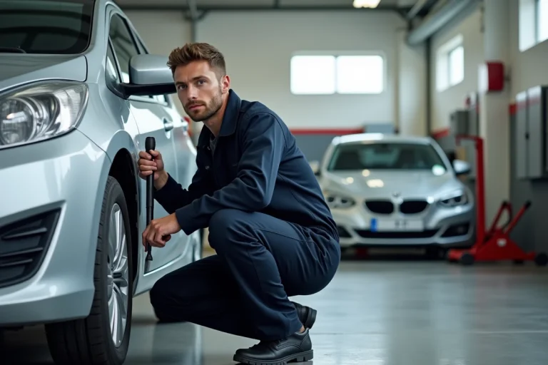 Homme utilisant une clé dynamométrique sur sa voiture dans un self garage moderne à Lorient