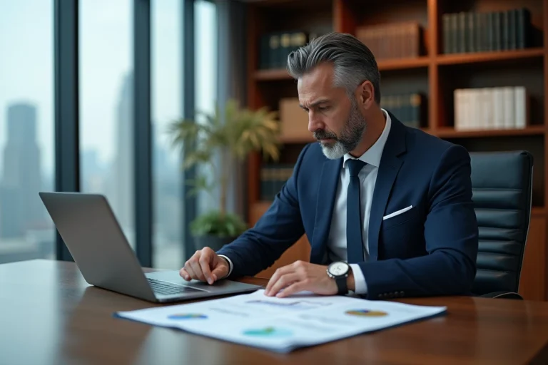 Homme en costume marine analysant des documents financiers dans un bureau bancaire moderne pour diversifier son patrimoine