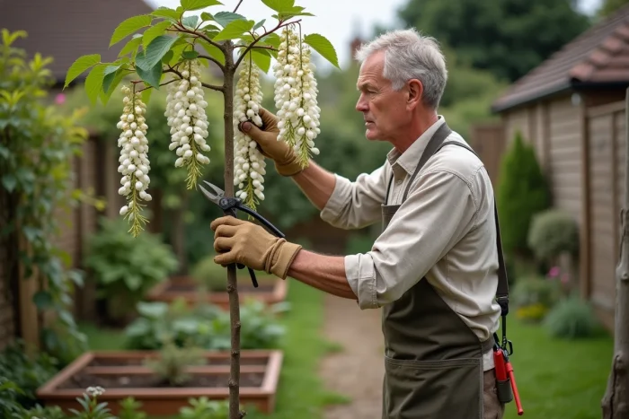 Jardinier expérimenté taillant une jeune glycine en ombrelle fixée sur tuteur dans un jardin résidentiel au printemps