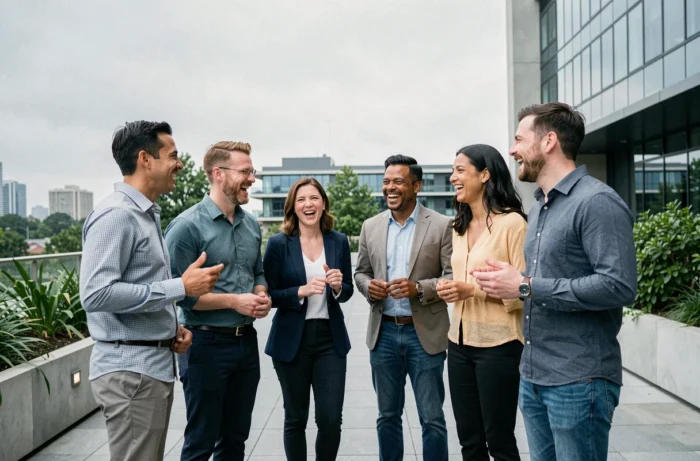 Collaborateurs engagés lors d'une activité de team building en extérieur sur un campus d'entreprise