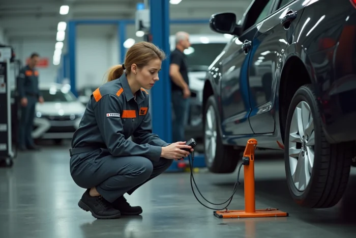 Technicienne automobile inspectant le dessous d'un véhicule dans l'atelier de service d'une concession