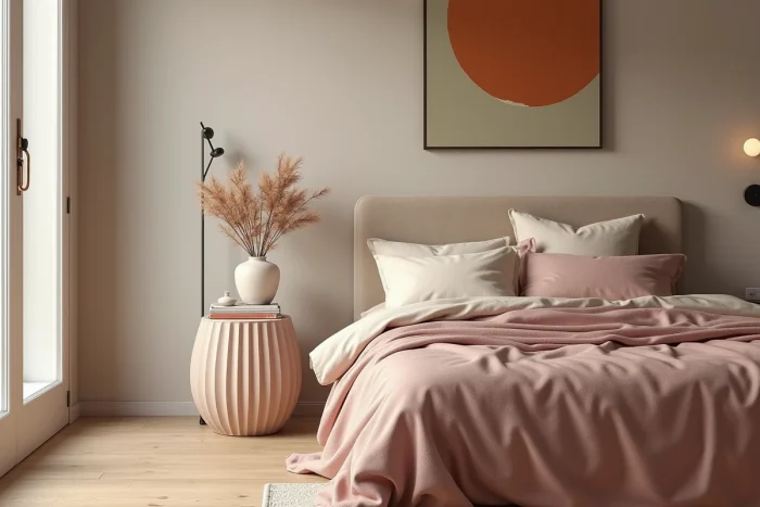 Chambre contemporaine tendance 2024 avec lit en lin rose poudré, table de chevet en plâtre cannelé et parquet en chêne blond