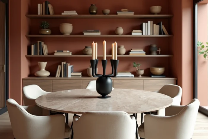Salle à manger tendance 2024 avec table en travertin, chaises en bouclé ivoire et murs en argile terracotta