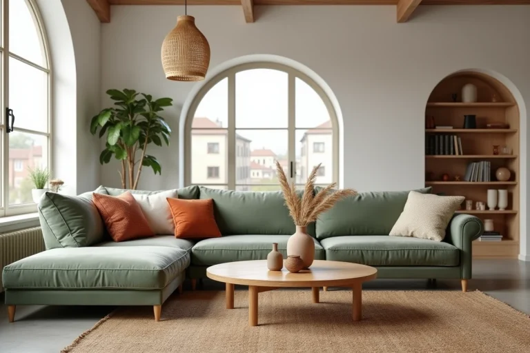 Salon scandinave moderne aux tendances déco 2024 avec canapé vert sauge, table en chêne brut et vase en céramique artisanale