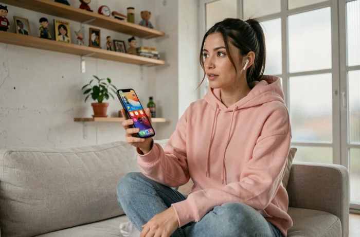 Jeune femme tendance utilisant un smartphone pliable dans un salon moderne minimaliste, illustrant les nouvelles technologies high-tech