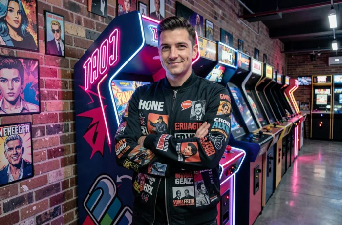 Homme en veste streetwear pop culture devant une borne d'arcade rétro dans une salle de jeux tendance, symbole des tendances pop culture actuelles