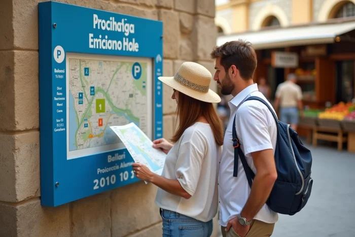 Couple de touristes consultant un panneau d'information sur les parkings et la ZTL dans le quartier historique de Palerme