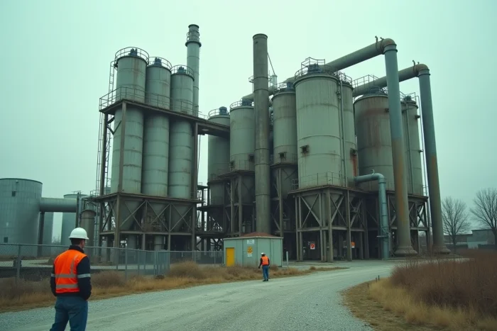 Extérieur d'une usine de traitement industriel avec des travailleurs inquiets devant les installations, illustrant la crise économique d'une entreprise cotée en bourse