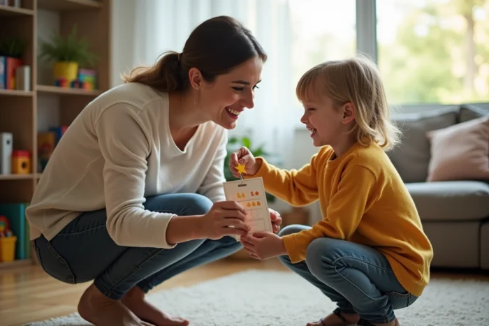 Une mère colle une étoile sur un tableau de récompenses pour valoriser le respect de la règle par son enfant