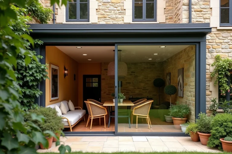 Véranda sur mesure en aluminium et verre intégrée à une maison en pierre de Bourgogne à Beaune, avec jardin et mobilier en rotin visible à travers les panneaux vitrés