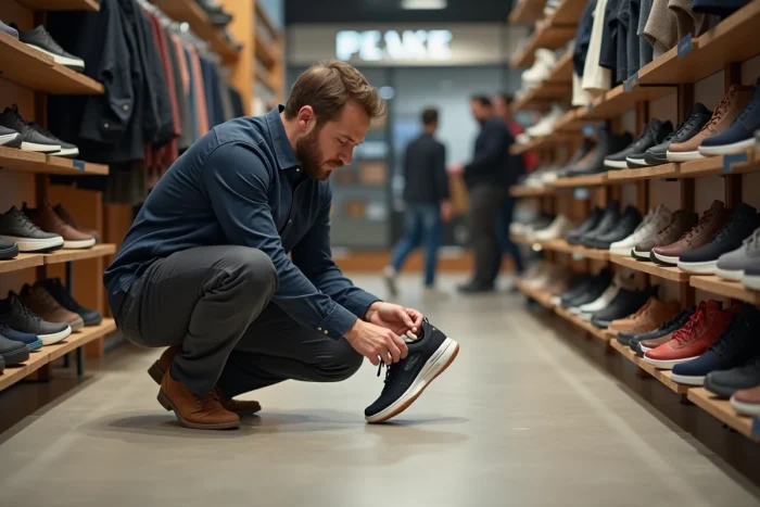 Homme inspectant attentivement la semelle d'une chaussure Skechers dans un magasin pour vérifier l'authenticité du numéro de série