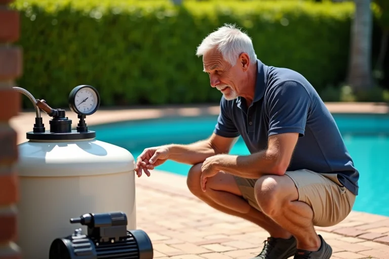 Homme vérifiant la pression d'un filtre à sable de piscine sur un manomètre circulaire dans un jardin ensoleillé