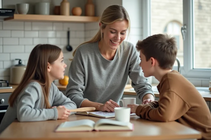 Scène familiale chaleureuse dans une cuisine moderne représentant la vie de famille et le rôle maternel auprès des enfants